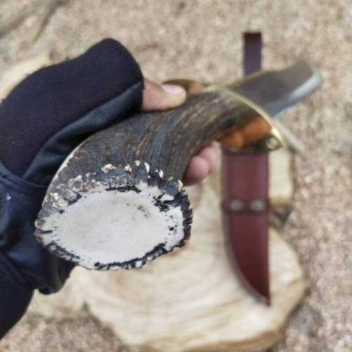 Bowie Steel knife Handle Deer Horn Gid Brass With leather Caver