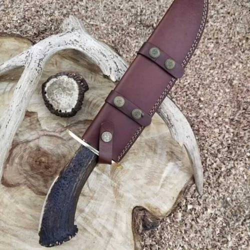 Bowie Steel knife Handle Deer Horn Gid Brass With leather Caver