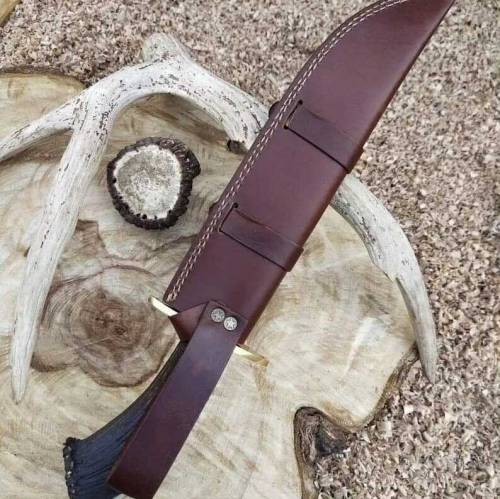 Bowie Steel knife Handle Deer Horn Gid Brass With leather Caver
