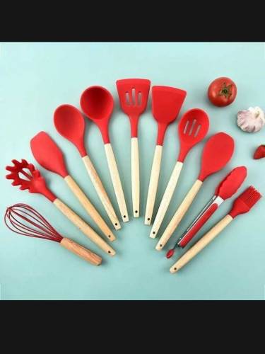 Silicone 12 pieces Cooking Spoon set with wooden handle 