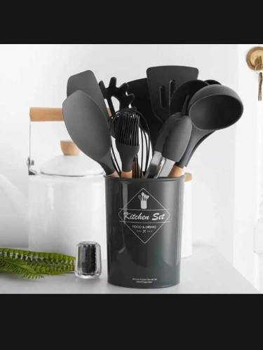 Silicone 12 pieces Cooking Spoon set with wooden handle 