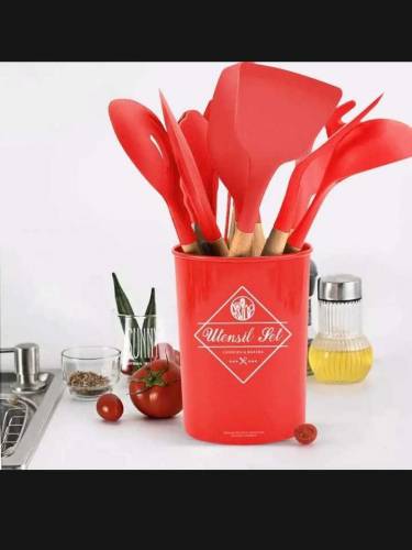 Silicone 12 pieces Cooking Spoon set with wooden handle 
