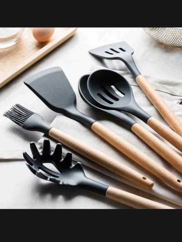 Silicone 12 pieces Cooking Spoon set with wooden handle 