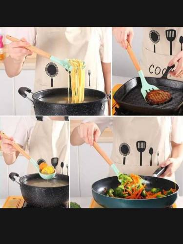Silicone 12 pieces Cooking Spoon set with wooden handle 