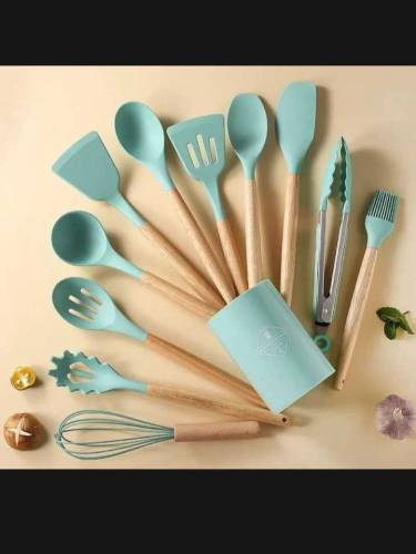 Silicone 12 pieces Cooking Spoon set with wooden handle 