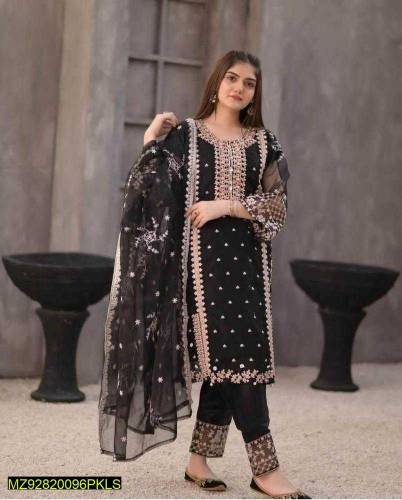 3 Pcs women's embroidered organza suit 