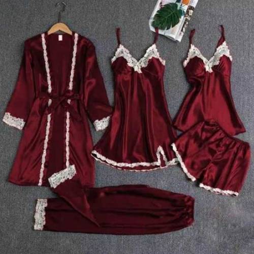 5 pcs lingerie Nightwear silk bridal night dress long gown trouser, sh