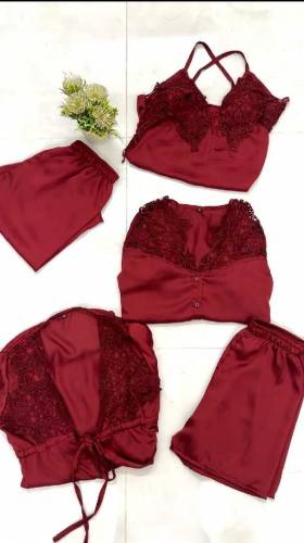 5 pcs lingerie Nightwear silk bridal night dress long gown trouser, sh