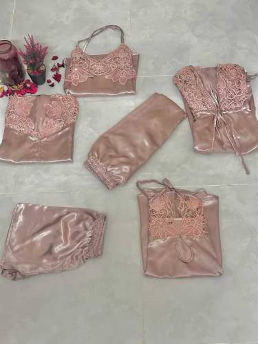 5 pcs lingerie Nightwear silk bridal night dress long gown trouser, sh