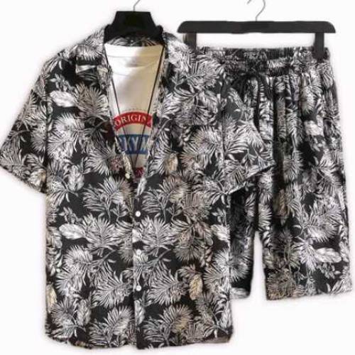 Fashion Male Short Sleeve Hawaiian Shirt linen Shirts + Short 2Pcs Lin