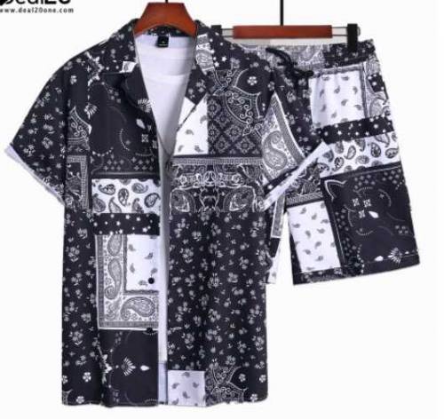 Fashion Male Short Sleeve Hawaiian Shirt linen Shirts + Short 2Pcs Lin