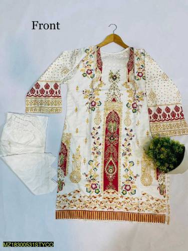 2 piece women's stitched linen printed suit 