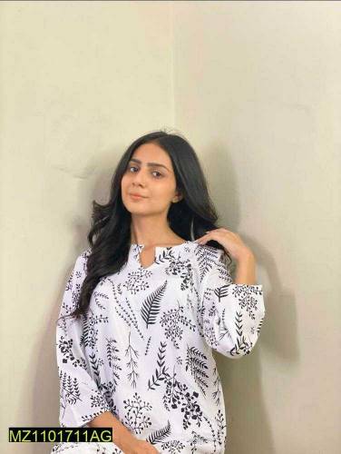 2 pc women stitched linen leaf printed 