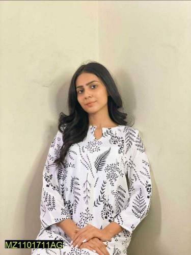 2 pc women stitched linen leaf printed 