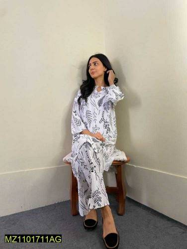 2 pc women stitched linen leaf printed 