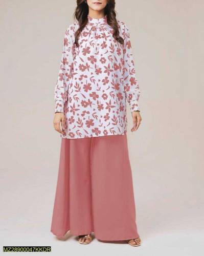 2 Pcs Women's Stitched Grip Printed  Shirt And Palazzo