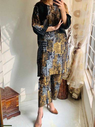 3pcs woman's stitched linen block printed shirt and trouser 