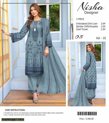 3 pcs women unstitched Lawn Embroidered suit