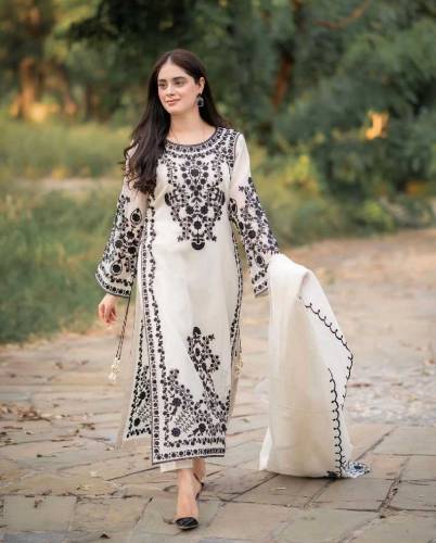 3pcs stitched embroidery organza suit