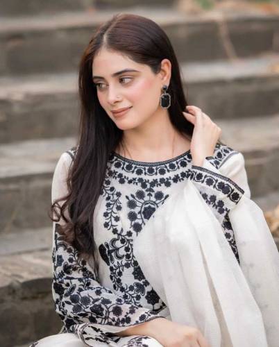 3pcs stitched embroidery organza suit
