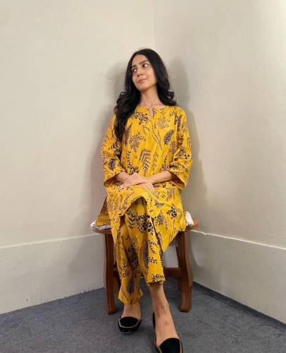 2 Pcs Women Stitched Linen Leaf Print Suit