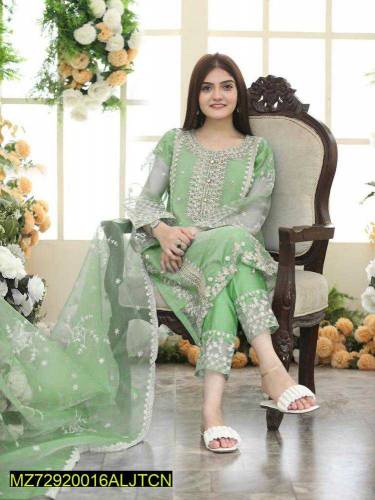 3 pcs women stitched embroidered organza suit 