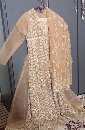 3 piece suit long frock plan trouser net sleeves inner attached 