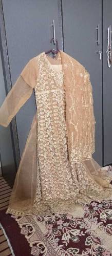 3 piece suit long frock plan trouser net sleeves inner attached 