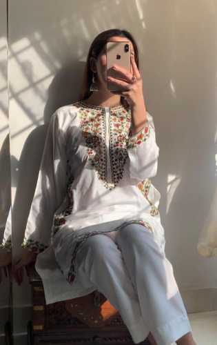 2Pcs Women's Stitched Linen Embroidered Suits 