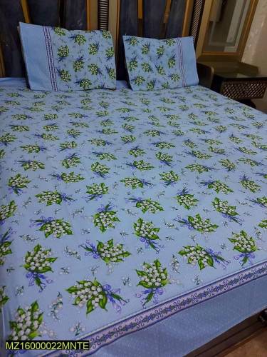 3 Pcs Cotton Printed double bed sheet 