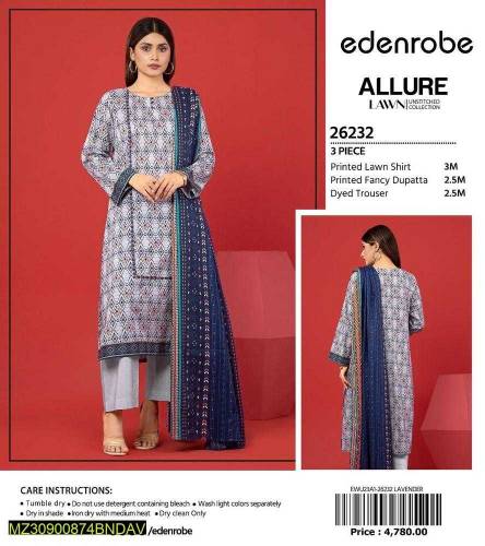 3 PCs woman's unstitched lawn printed suit