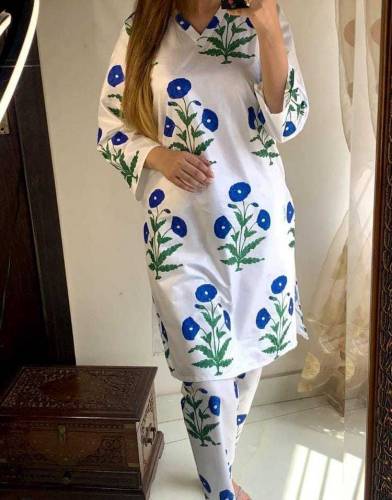 2 Pcs Women's Stitched Linen Printed Shirt And Trouser