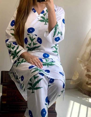 2 Pcs Women's Stitched Linen Printed Shirt And Trouser