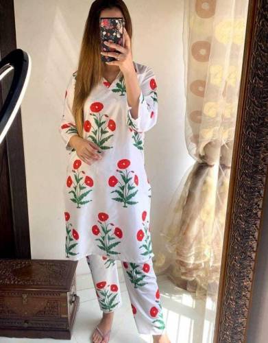 2 Pcs Women's Stitched Linen Printed Shirt And Trouser