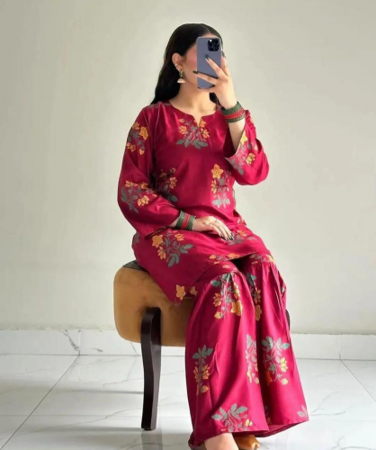 2Pcs women's Stitched Linen Printed shirt trousers 