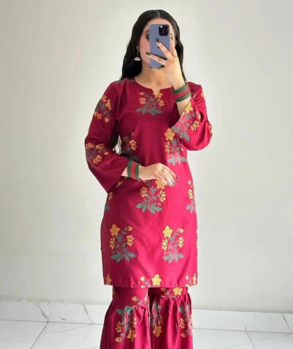 2Pcs women's Stitched Linen Printed shirt trousers 