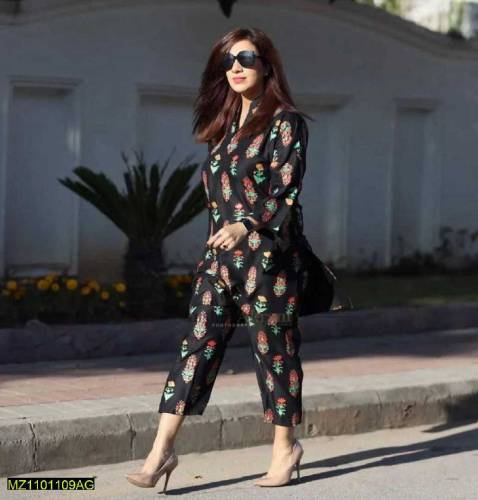 2 pcs woman stitched linen block printed suit 