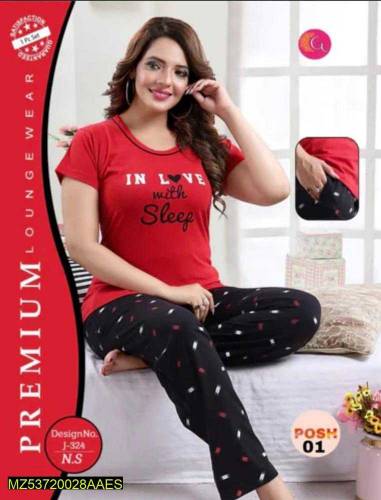 Woman's stitched jersey printed night suit 
