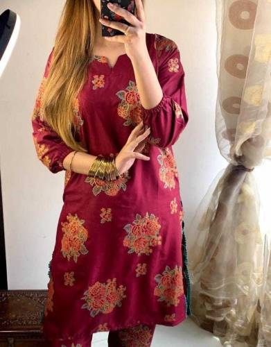 2 Pcs Women's Stitched Linen Printed Shirt And Trouser