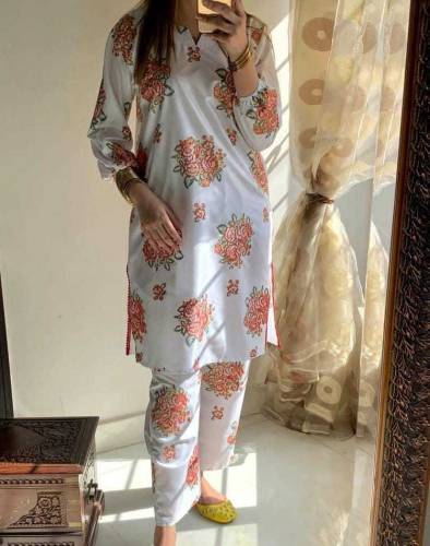 2 Pcs Women's Stitched Linen Printed Shirt And Trouser