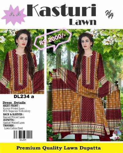 Kasturi lawn collection with embroidered shirt & Lawn Dupatta