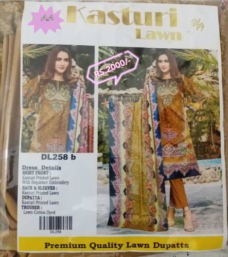 Kasturi lawn collection with embroidered shirt & Lawn Dupatta