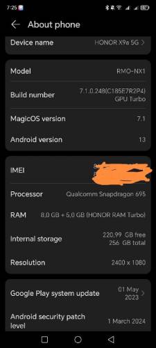 HONOR X9a 5G 13 GB 256 non pta 3 month Sim working