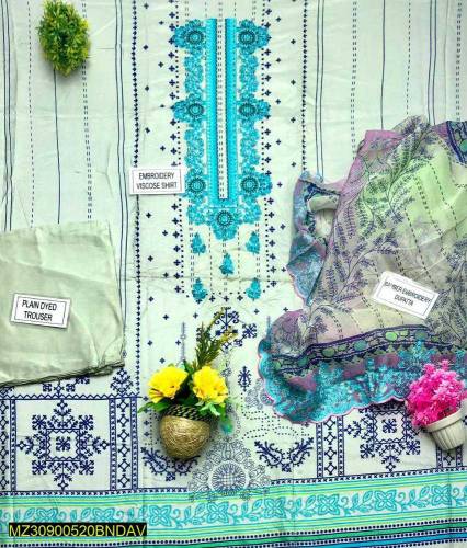 3 PC's woman's Unstitched Viscose Embroidered Suit 