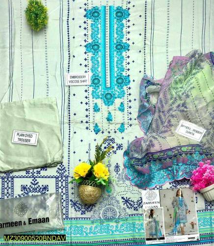 3 PC's woman's Unstitched Viscose Embroidered Suit 