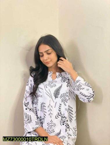 2 pcs women's stitched linen printed suit