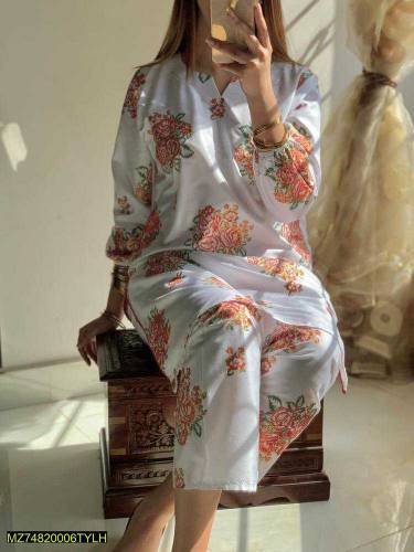 2 pcs Women Stitched Linen Digital Print Shirt & Trouser  