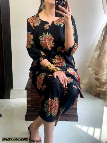 2 pcs Women Stitched Linen Digital Print Shirt & Trouser  