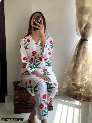 2 pcs Women Stitched Linen Digital Print Shirt & Trouser  