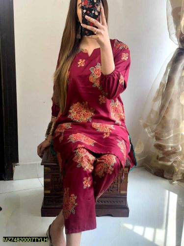 2 pcs Women Stitched Linen Digital Print Shirt & Trouser  
